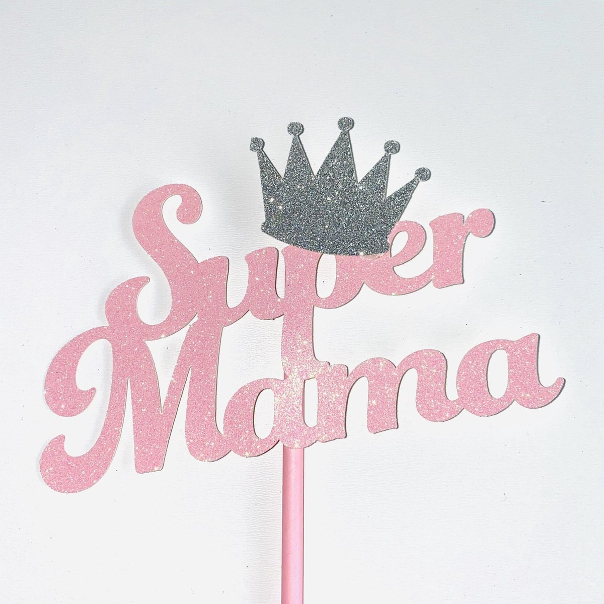 Taart topper | Cake topper | Mama Moeder| Super Mama | Roze glitter |16 cm | karton